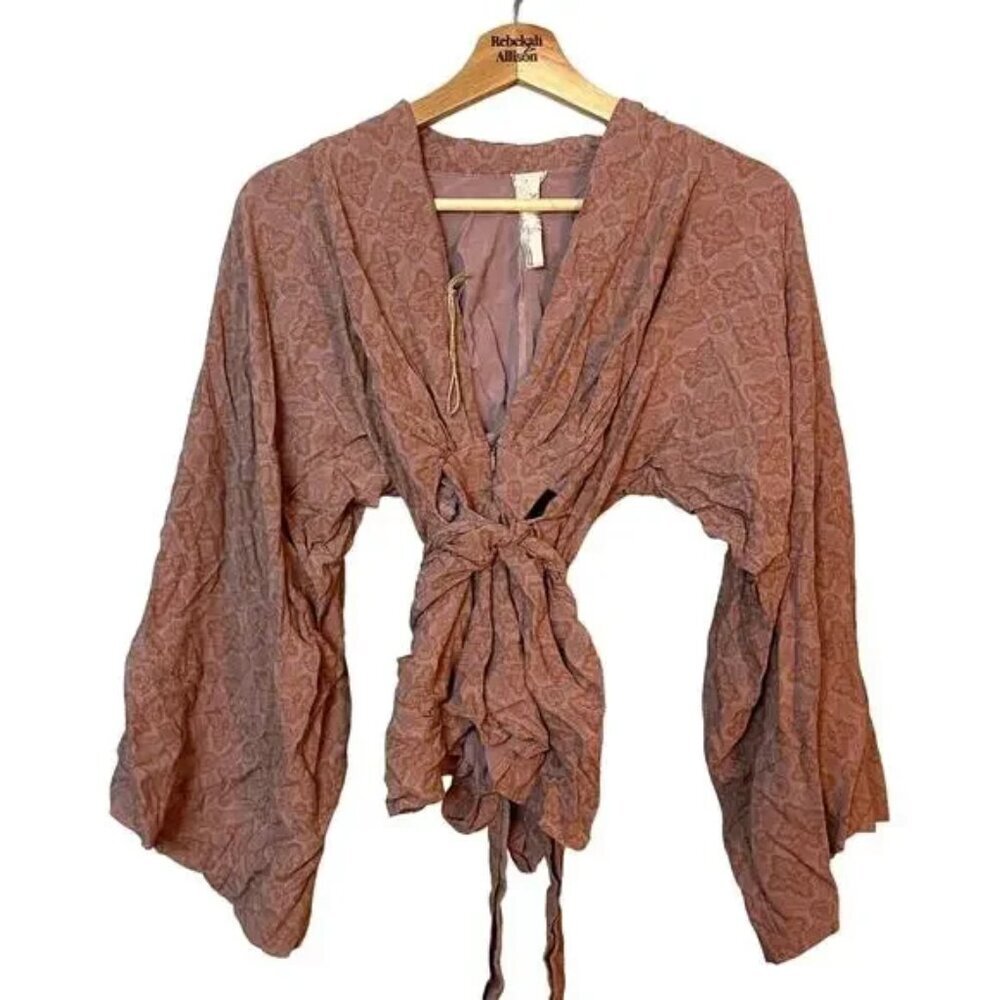 Jen's Pirate Booty Bell Sleeve Deep V Wrap Style Patterned Top Pink Size S EUC - Picture 1 of 9
